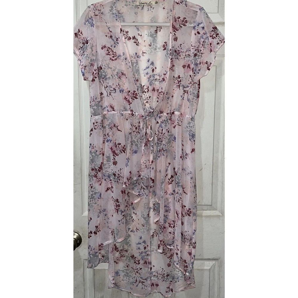 Liberty Love Cardigan Kimono Sz‎ XL Pink Floral Tie Front Robe Ruffle